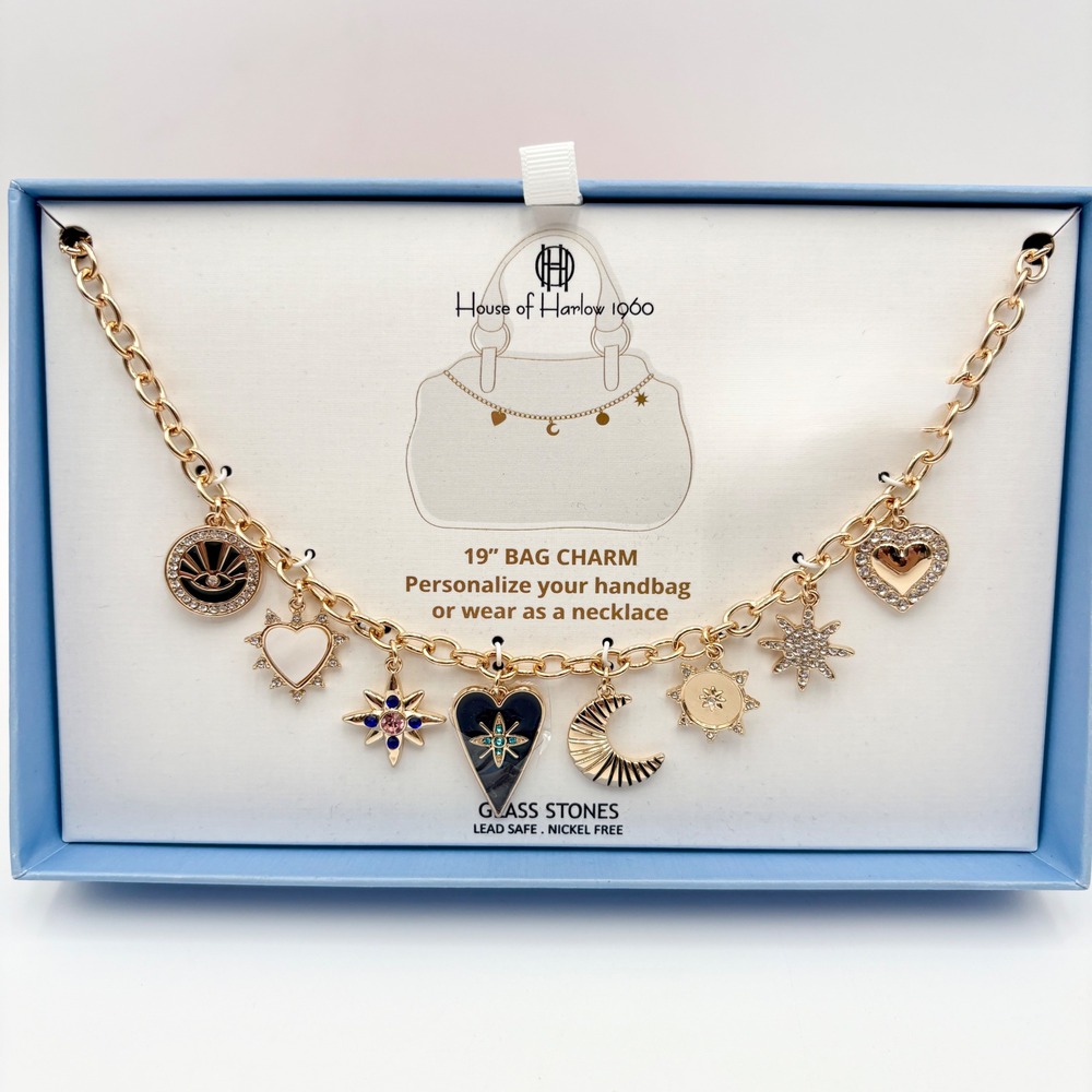 House of Harlow 1960 Bag Charm Necklace Gold Tone Celestial Bag Purse Charm